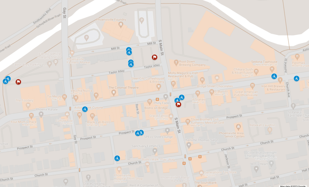 A map describing ADA parking locations in the Borough of Phoenixville, Chester County, Pennsylvania. 